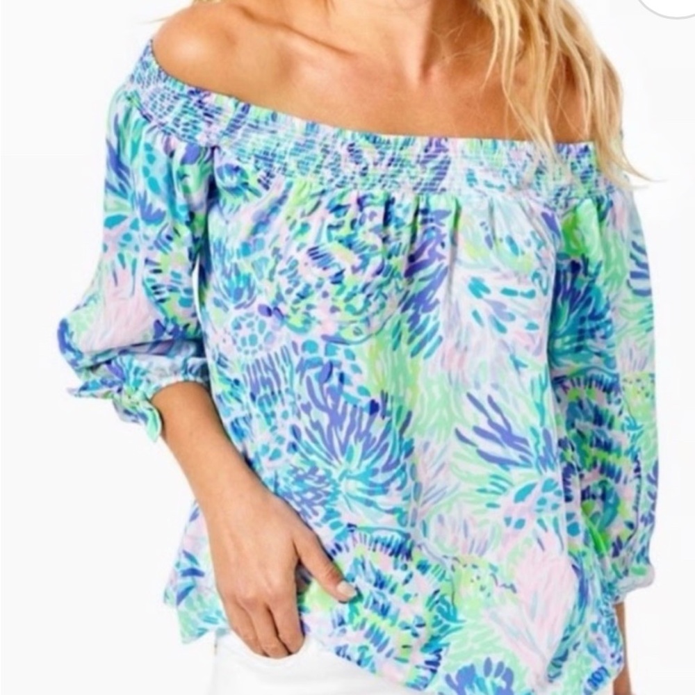 Women's Lilly Pulitzer Maryellen Off The Shoulder Top, shell of a party XS